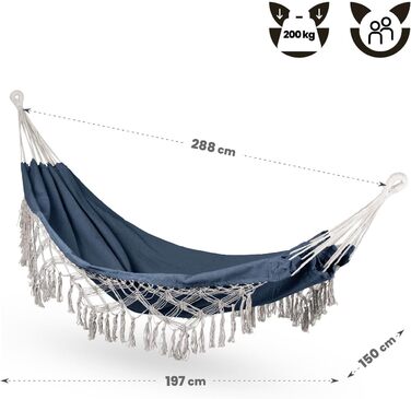 Гамак подвійний 200x150 см, до 200 кг, бавовна, блакитний, Boho стиль, для саду, балкону, тераси, дитячий та дорослий