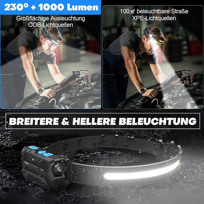 LED налобний ліхтар з акумулятором, 2 шт., кут огляду 230°, 7 режимів, супер яскравий, 2600 mAh, 22 години роботи, датчик, червоне світло, водонепроникний, легкий, для бігу, кемпінгу, походів, чорний