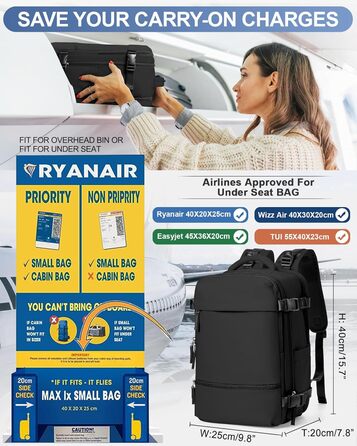 Рюкзак для ручної поклажі 40x20x25 см водонепроникний, для Ryanair, EasyJet, під сидінням, дорожній рюкзак, чорний