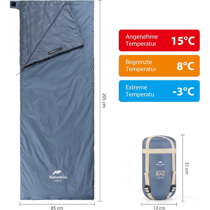 Сплячий мішок Naturehike - легкий, для підлітків та дорослих, комфортна температура 7°C, для походів, кемпінгу та рюкзакових подорожей (LW180-Blau)
