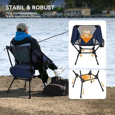 Складний туристичний стільчик Hochlehner з підголівником, 150 кг, ультралегкий, портативний, з кишенями та сумкою для кемпінгу, пляжу, відпочинку на природі та піших прогулянок (Indigoblau)