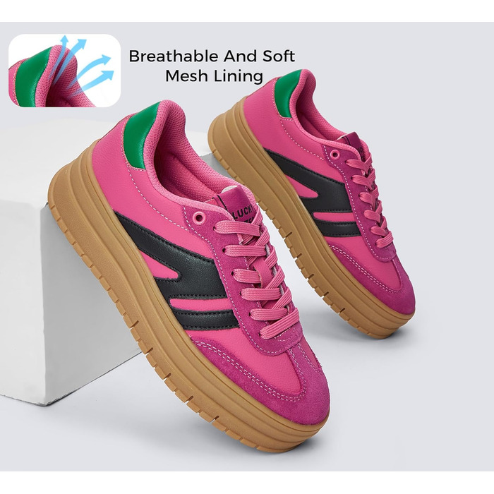 Кросівки LUCKY STEP Plateau Sneaker для жінок - платформа, канвас, ретро стиль, низький профіль, комфортні для повсякденного носіння, бежево-зелені (36 EU, фуксія, чорний)