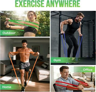 Набір еластичних стрічок для фітнесу Resistance Bands (4 рівні), з дверним кріпленням, постер, сумка. Для розтяжки, силових тренувань, кросфіту, нарощування м'язів, домашніх тренувань. Оранжевий, червоний, зелений, синій