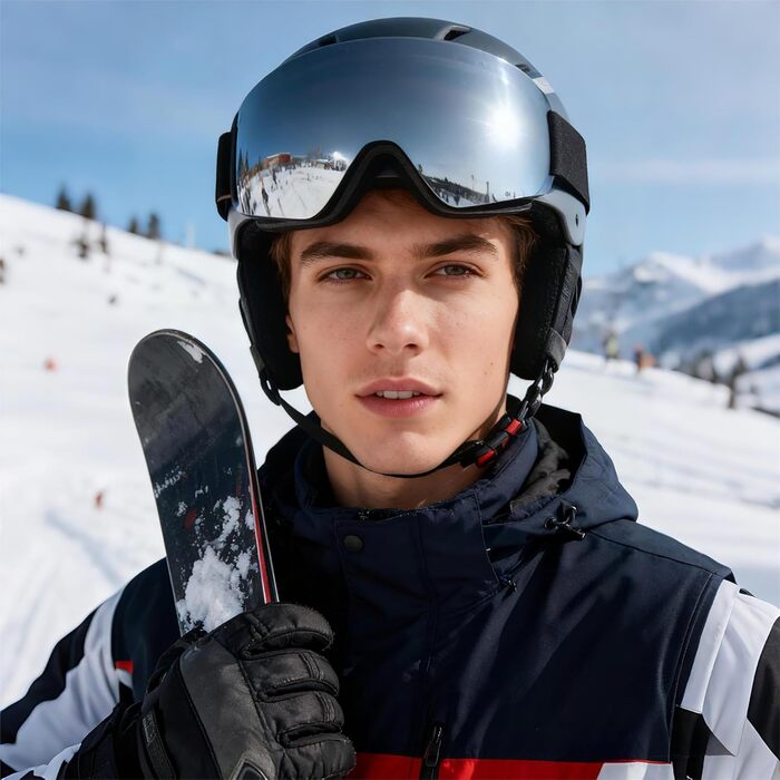 Скі-маска для дорослих (чоловіків та жінок), YH227 сноуборд маска для носіїв окулярів, захист від запотівання OTG, UV-захист, антиковзне наголов'я, повне REVO-дизайн, білий/срібний, VLT 13% (чорний/срібний - VLT 13%)