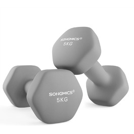 Гантелі SONGMICS 2 x 5 кг, неопрена, гексагональні, набір для фітнесу та силових тренувань вдома, сіро-блакитні