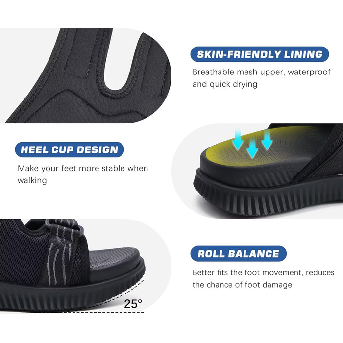 Чоловічі спортивні сандалі KuaiLu з м'якою устілкою, ортопедичні для фасціїту, для активного відпочинку та походів, легкі, відкриті, з регульованою застібкою-липучкою, чорні, 45 EU