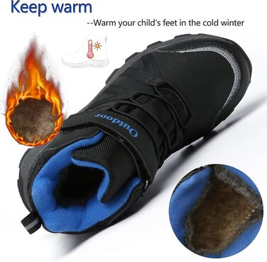 Дитячі зимові черевики: зимові черевики, черевики для хайкінгу, снігоступи для хлопчиків та дівчаток, з теплим підкладкою, водонепроникні, бавовняні черевики, черевики для трекінгу, снігоступи з застібкою-липучкою, розмір 37 EU, чорний, синій
