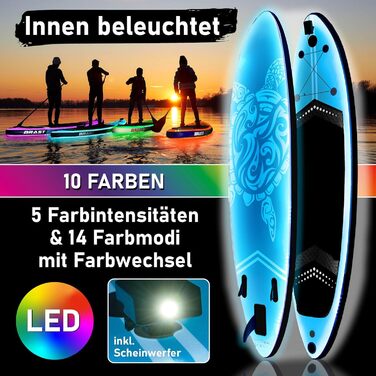 Надувний SUP Board BRAST з LED-підсвіткою | Комплект для станд-ап паддлінгу | 320x81x15 см | 4 дизайни | LED-підсвітка 10 кольорів | 5 років гарантії | 2в1 весло, сидіння для каяка, кріплення для екшн-камери, петля для ніг (Turtle Blue)
