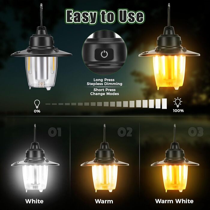 LED кемпінгова лампа: перезарядна, портативна, з гачком, ретро-дизайн, 3 режими світла, регулювання яскравості, 2800 mAh, IP65, для намету, кемпінгу, надзвичайних ситуацій