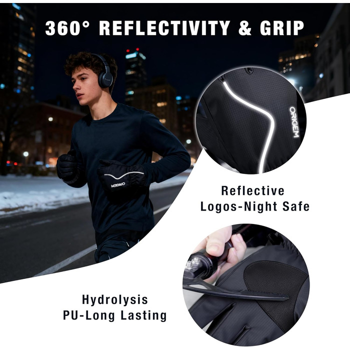 Рукавички зимові для чоловіків та жінок Origem, 3M Thinsulate, водонепроникні, для катання на лижах, велосипеді, походів, з підкладкою з флісу, сумісні з сенсорними екранами (чорний блискавка, XL)