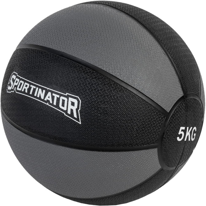 Медичний м'яч SPORTINATOR 5 кг, сірий/чорний, для силових і функціональних тренувань, з маркуванням ваги, розмір 1-10