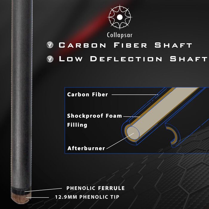 Білльярдний кий Collapsar Power-Break з карбоновим композитом, 3 секції, 12.9 мм, 590 г (чорний мат з червоним)