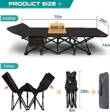 Складні туристичні ліжка ABORON для дорослих, двошарові, 1200D, портативні, міцні, для дому, офісу, кемпінгу, відпочинку (75x28x14 см, чорний)