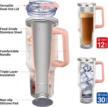 Термофляга THILY з нержавіючої сталі з кришкою та трубочкою, 1.2 л, спортивна, подвійні стінки, широке горлечко, зберігає холод/гарячість цілий день, колір Лавандовий сон (P40 - Ніжне золото, модель A: міцний ручка + компактна основа)