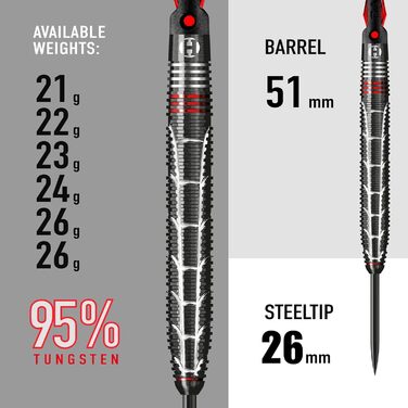 Дротики Harrows Atrax 95% вольфрам, сталевий наконечник, набір 21-26 г, карбонові ST-шафти, крила 100 мікрон червоні