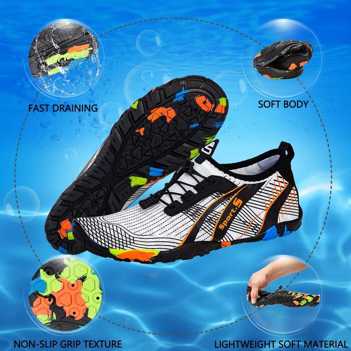 Водні шкарпетки для плавання та дайвінгу WateLves - унісекс, дихаючі, неслизькі, розмір 40 EU, білий/оранжевий