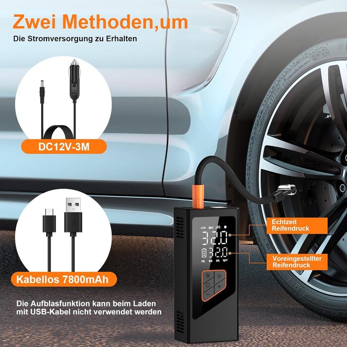 Електрична повітряна помпа-компресор 7800mAh, 150PSI з акумулятором, компактний електричний насос для велосипедів, авто, мотоциклів, м'ячів з манометром