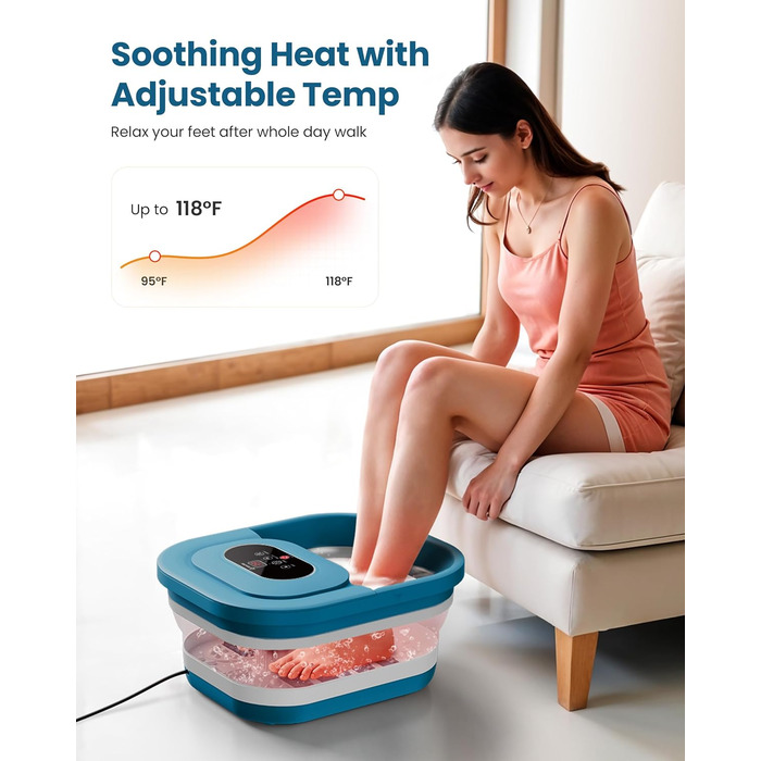 Зручне ванночка для ніг Comfier з масажем, підігрівом та функцією бульбашок | Складаний масажер для ніг | Вібрація, функція бульбашок, таймер, пемза для педикюру, 35°C-48°C, 8 Shiatsu роліків (Чорний, Синій)