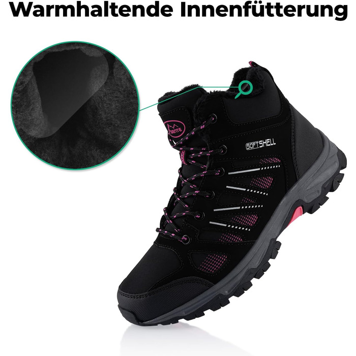 Черевики для піших прогулянок Softshell для жінок та чоловіків, зимові, утеплені, чорно-рожеві (36 EU)