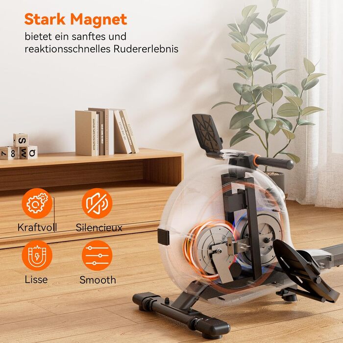Гребний тренажер для дому з магнітним опором, 32 рівні, 136 кг, сумісність з додатком, LCD-дисплей, білий-помаранчевий
