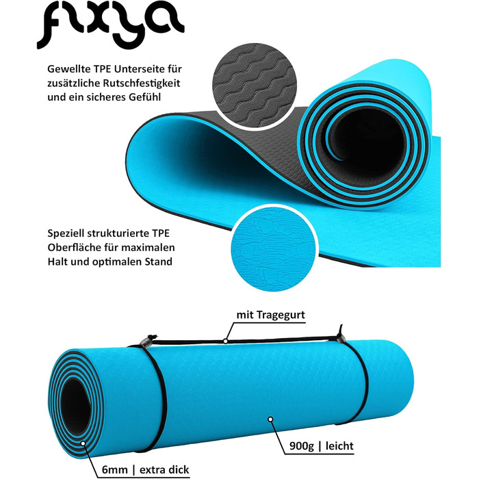 Преміум фітнес-мат для йоги FLXYA, TPE, 183x61 см, 6 мм, антиковзкий, без фталатів, з ременем, блакитно-антрацитовий