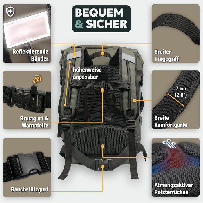Водонепроникний рюкзак Ruqqle 45 л, RollTop, 3 зовнішні кишені, для пляжу, човнів, каяків, подорожей, кемпінгу, риболовлі та мотоциклів (Блакитний)