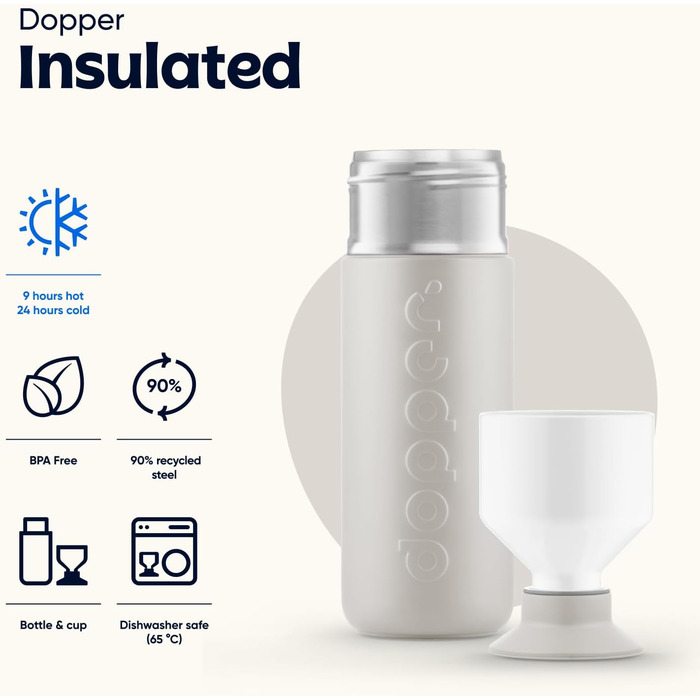 Термос Dopper Insulated 580 мл Gentle Grey – подвійні стінки, не протікає, зберігає холод до 24 годин та тепло до 9 годин, нержавіюча сталь, пляшка для води, чаю, кави
