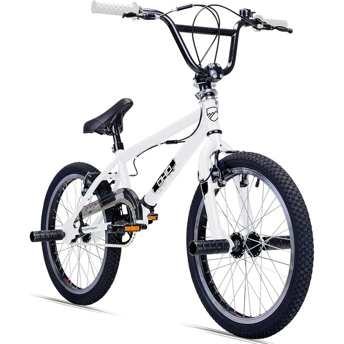 BMX велосипед Bergsteiger Ohio 20 дюймів, 360° ротор, фристайл, 4 сталеві пеги, захист ланцюга, вільний хід, білий/чорний матовий