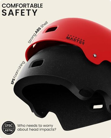 Захисний шолом OutdoorMaster для скейтборду, велоспорту та роликів, вентиляція, два змінних внутрішніх вкладиші, для дітей, підлітків і дорослих, червоний, розмір M