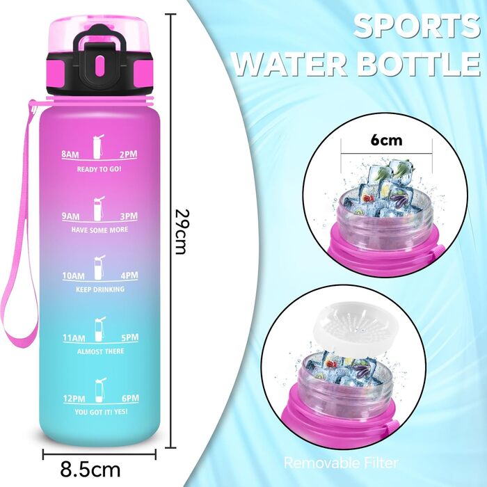 Спортивна пляшка для води 1 л з мітками часу, витокозахисна, рожево-блакитна