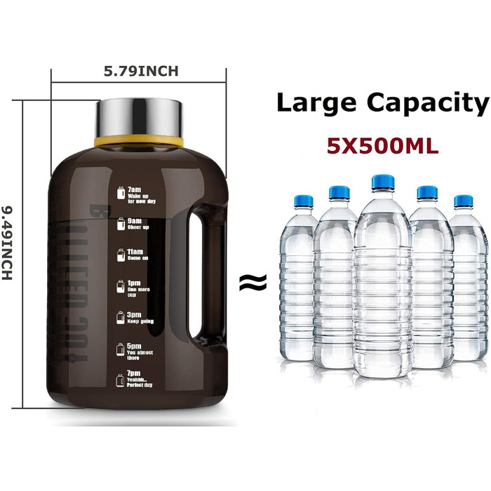 Спортивна пляшка для води Vennerli 2,5 л з ручкою та позначками часу, чорна, витокозахисна