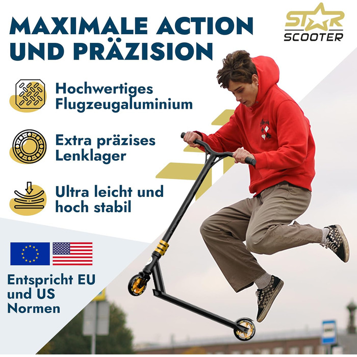 Трюковий самокат STAR SCOOTER Pro Sport для дітей від 7 років та дорослих, алюмінієвий, HIC, колеса 110/120 мм, чорний і золотий