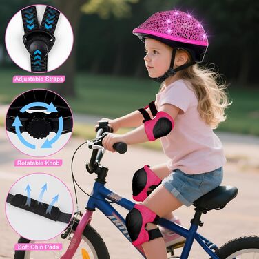 Дитячий шолом та набір захисту: шолом з LED, наколінники та налокітники для велосипеда та скейтборда (рожевий, 3-8 років)