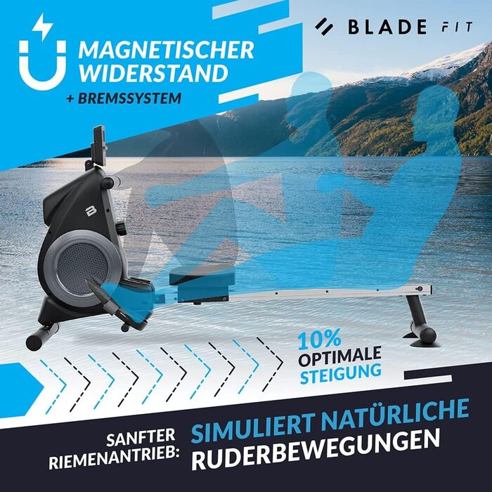Bluefin Fitness Blade FIT: Гребний тренажер, сумісний з Kinomap, складаний, з LCD-консолью та мобільним додатком
