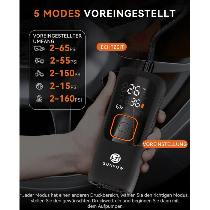 Електричний портативний компресор SUNPOW 7500mAh, 160 PSI для авто, велосипедів, з LCD дисплеєм, LED підсвіткою, Powerbank, 12V DC, автоматичне вимкнення