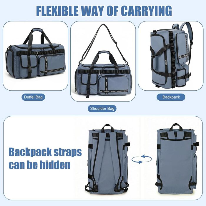Спортивна сумка для подорожей 65л з відділенням для взуття та мокрих речей, містка сумка в зал та для плавання, синя