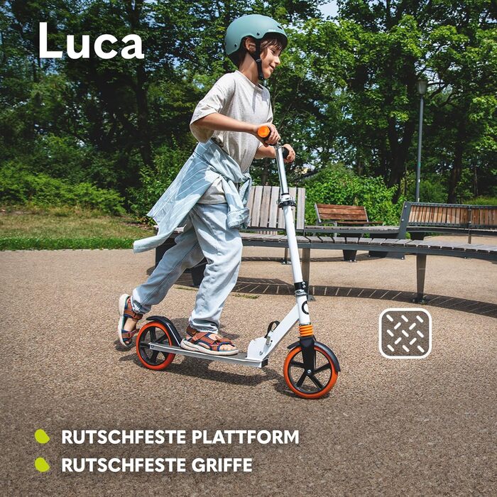 Самокат LIONELO Luca для дітей і дорослих, до 100 кг, складаний, легкий 4 кг, міцна конструкція, 20 см колеса, амортизація ShockResist, заднє гальмо, нековзкий