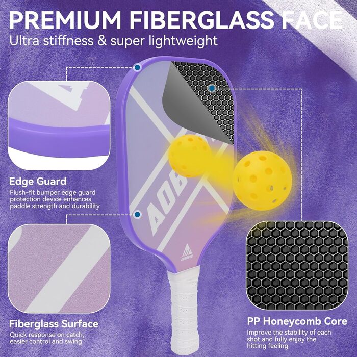 Набір для піклболу: 4 ракетки з графіту, USAPA, преміум-якість, з фацеровою поверхнею та полімерним ядром, 4 м'ячі та сумка, фіолетовий та зелений
