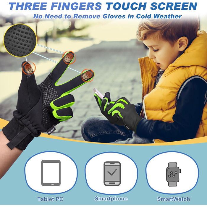 Дитячі рукавички Sukeen Softshell, теплі вело-рукавички, вітростійкі рукавички для їзди на велосипеді, антиковзні рукавички для верхової їзди, спортивні рукавички для активного відпочинку для хлопчиків та дівчаток (M, Чорний-Зелений)