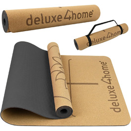 Йога мат Kork Deluxe4home® з TPE: антиковзка фітнес-тренувальна килимок для йоги та пілатесу з ручкою, з розміткою, чорний