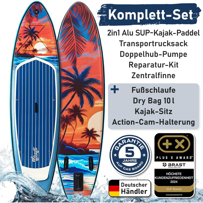 Надувний SUP-борд BRST Tropic | Комплект для станд-ап паддлбордингу | 320x81x15 см | 6 дизайнів | 5 років гарантії | з аксесуарами | 2-в-1: SUP та каяк | кріплення для Action Cam, фіксатор для ноги, насос, рюкзак (Sunset)