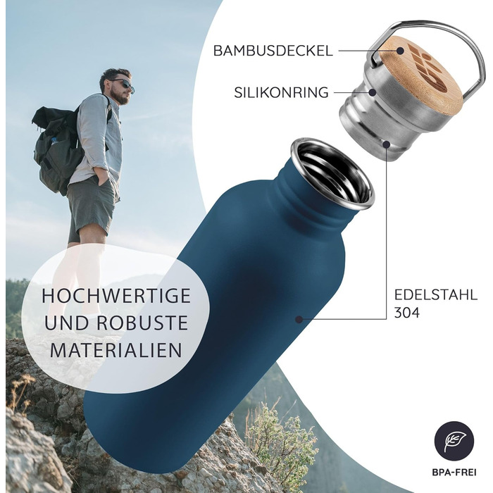 Сталева пляшка для води Bambaw 1л | Багаторазова еко-пляшка | Для кемпінгу та походів | Без пластику | Спортивна пляшка, не протікає (500 мл, Азур-блакитний)
