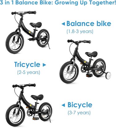 YBIKE 2-в-1: Біговел та дитяче велосипед, 12/14/16 дюймів, з гальмом та педалями, для дітей 1-7 років (Чорний, 16 дюймів)
