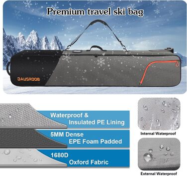 Чохол для сноуборду/лиж з колесами, 1680D Oxford, водонепроникний, для подорожей літаком, 164 см