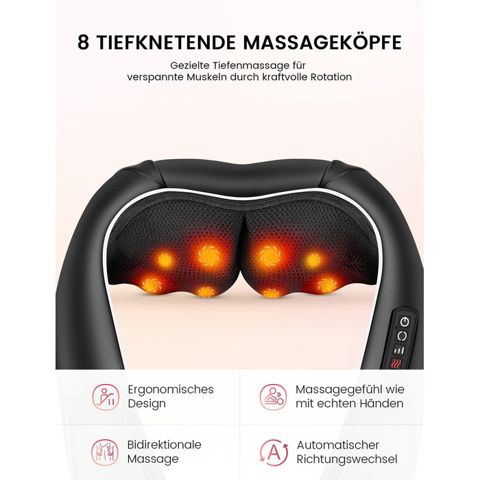 Масажер для шиї RIKE Shiatsu з підігрівом – 3D масажер для шиї, плечей та спини, з адаптерами для мережі та авто, глибокий масаж, подарунок на Різдво (сучасний)