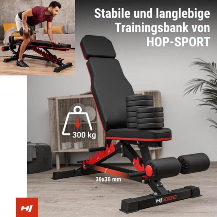 Hop-Sport Складана лава для тренажерів, лава для домашнього спортзалу, 10-рівнів регулювання спинки, багатофункціональне тренажерне обладнання, максимальне навантаження 300 кг