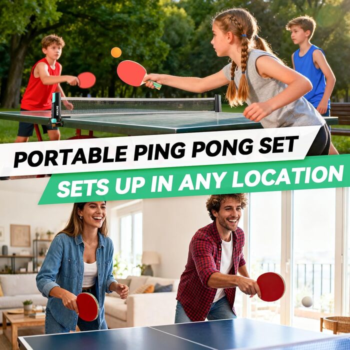 Набір для пінг-понгу для 2 гравців – 2 ракетки, сітка, 6 м'ячів. Підходить для гри в приміщенні та на вулиці. Кольори: блакитний/зелений (чорний/червоний)