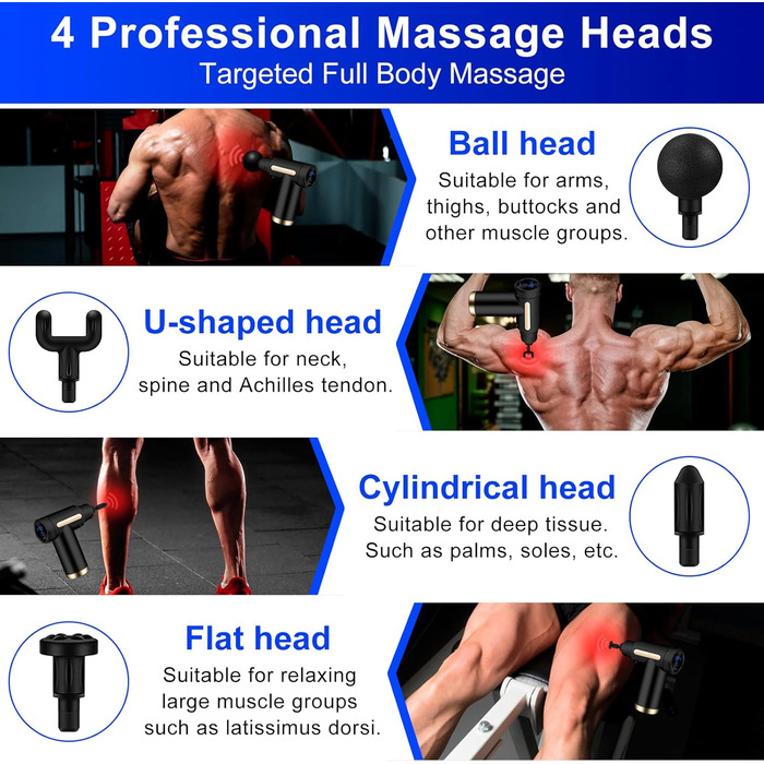 Міні масажер для м'язів AQXONG: портативний електричний масажний пістолет з LCD дисплеєм, тиха робота 45dB, 6 швидкостей, 4 насадки, акумуляторний (чорний)