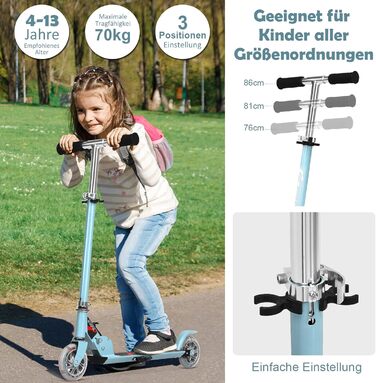 Дитячий ролер GOPLUS Roller Kinder 4, ролер для дітей 4 роки, з LED-підсвіткою, гальмом та підніжкою, регульована висота, алюмінієвий, складний, до 70 кг, блакитний
