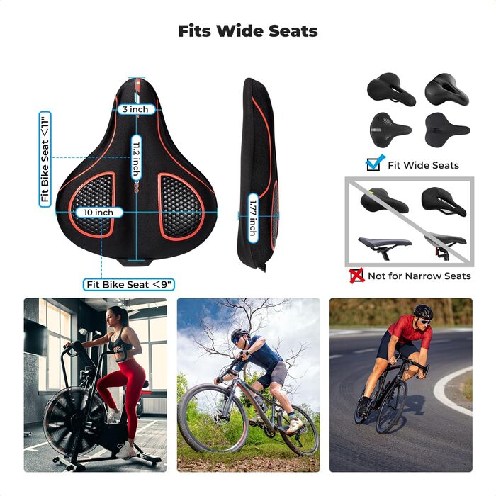 Покриття для велосипедного сидіння YOUNGDO, ергономічний гелевий чохол, м'яка та комфортна підставка для сидіння велосипеда з дощовим захистом, для жінок та чоловіків (червоний, широкий)